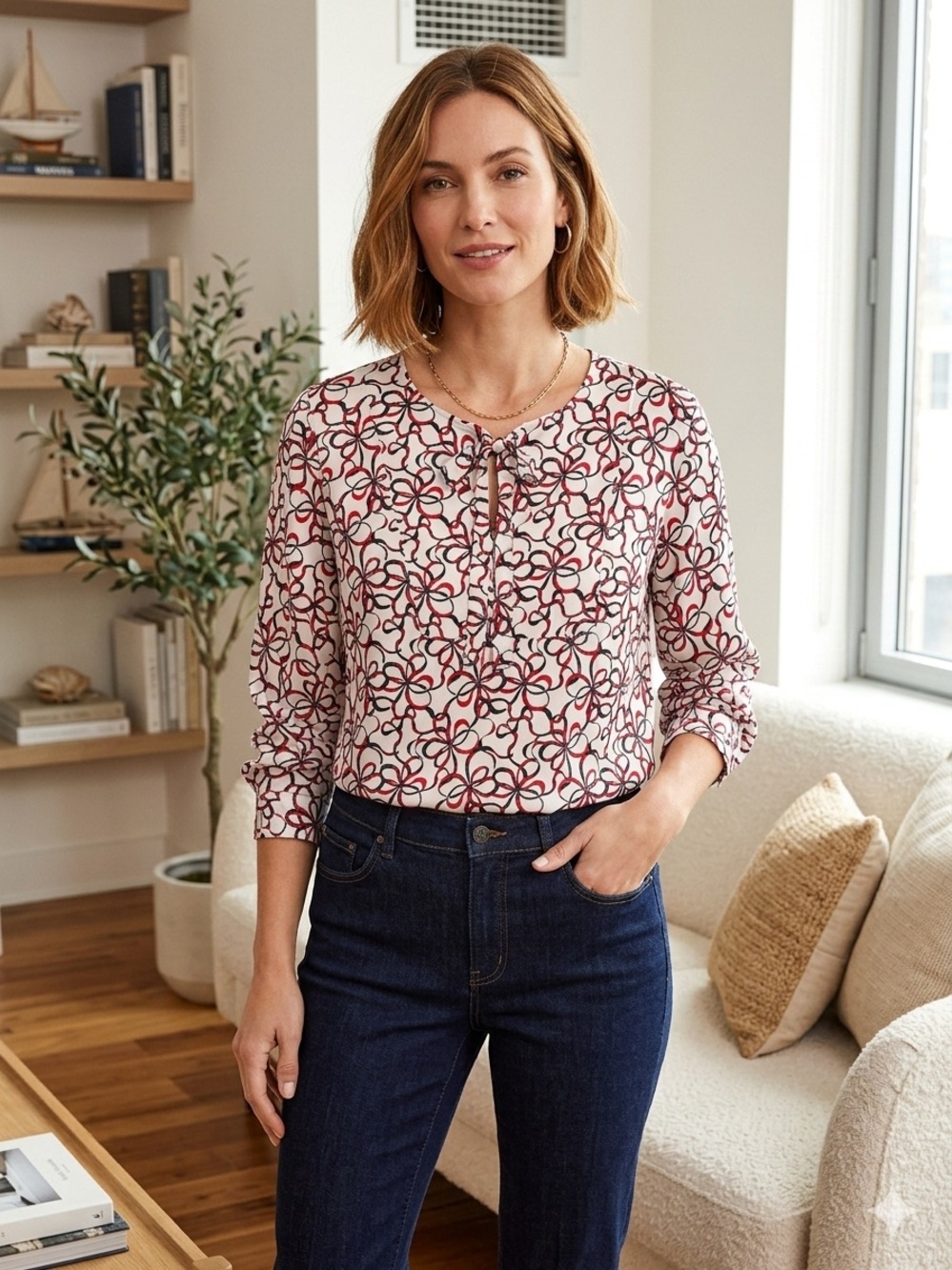 Nautica Tie-Neck Floral Loop Blouse - White & Red
